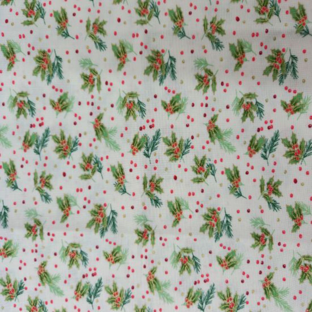 Classic Foliage Holly Spray on White Christmas Fabric image 0